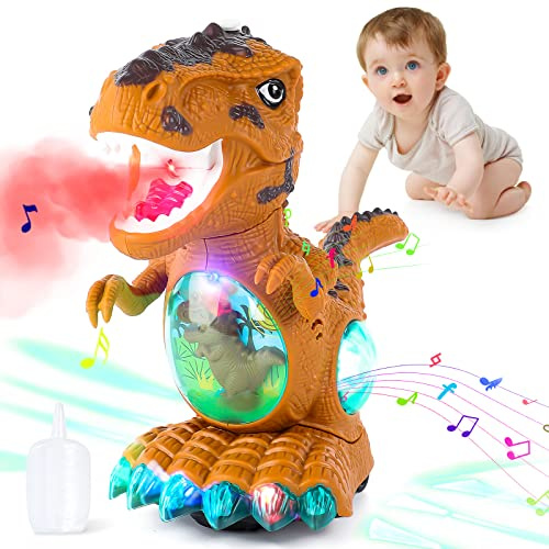 Thedttoy Baby Toys Dinosaur Light Up Toys,Sensory Walking Toys for Toddler,Musical Dinosaur Toy Christmas Birthday Gifts Present for Girls Boys(With Spray)