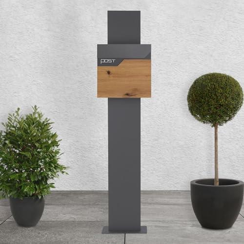 ECD Germany Standbriefkasten mit Zeitungsfach, Design Briefkasten mit Pfosten Briefkastenanlage, Briefkastenständer Anthrazit 170cm Edelstahl, Postkasten Anthrazit-Holzoptik Edelstahl pulverbechichtet
