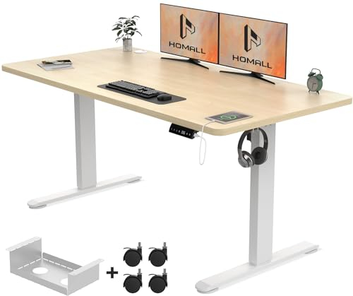 Homall Height Adjustable Electric Standing Desk 140x70cm with USB Charging Sit Stand Desk with Time Reminder Stand up Table 3 Memory Setting Electric Desks Wire Management Tray,Beige
