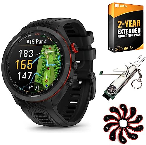 Garmin Approach S70 42 mm Premium GPS Golf Watch, Black Band (010-02746-02) | Official USA Partner Model | Bundle with 2 YR CPS Protection Pack, Deco Gear 7-in-1 Golf Tool and Iron Head Covers Set