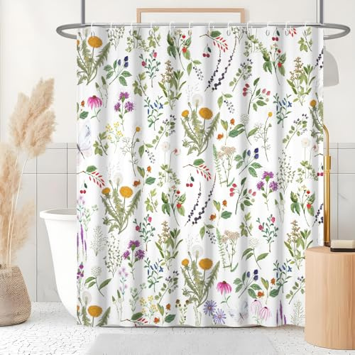 Uiiooazy Duschvorhang 240x180cm Anti Schimmel Bunt Blumen Boho Vintage | Duschvorhang Grüne Blätter Wasserdicht Stoff Polyester Waschbar Bad Vorhang mit 16 Haken für Badezimmer Badewanne