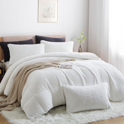 Nayoroom Winter Bettwäsche 220x240 Fleece Sherpa Warm Flauschig Bettwäsche-Sets ÖKO-TEX Bettbezug 220 x 240 cm und 2 Kissenbezug 80x80 cm mit Reißverschluss | Weiß