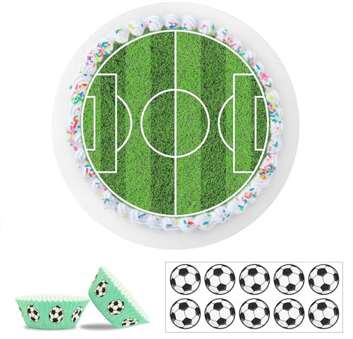 Essbare Tortendeko für Kinder, Tortendeko Fussball Essbar, 2er Set Fußball Essbarer Tortenaufleger + 25x Muffinaufleger, Fußball-Cupcakeförmchen als Geburtstagsdeko