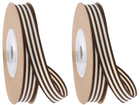 JIHUOO Nastro in grosgrain a righe, 2 rotoli, nastro decorativo natalizio a righe, colore: marrone e bianco