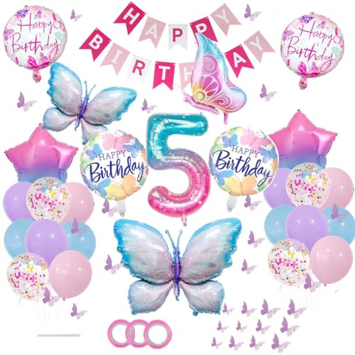 ZOOMPIL Schmetterlings Folienballon, 46pcs Stern Folienballon, Schmetterling Ballon Geburtstagsdeko, 5. Geburtstag für Schmetterling Themen Party Geburtstag Baby Shower Mädchen Dekoration