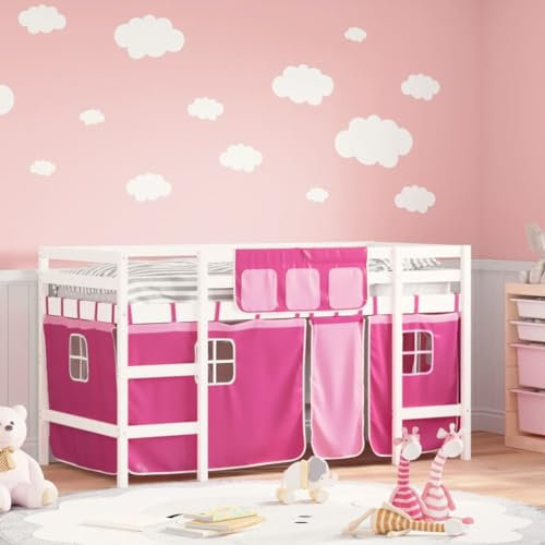 Festnight Hochbett Kinder mit Vorhang Spielbett Kinderbett 90x190 cm Kinderhochbett Etagenbett Hausbett Holzbett mit Leiter Einzelbetten Jugendbett Bettgestell Halbhochbett