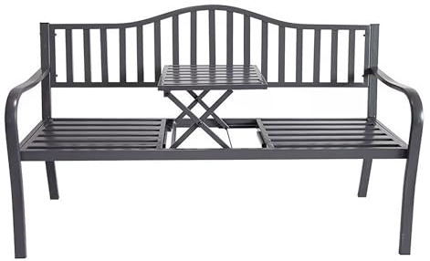 Metall Gartenbank mit integriertem Tisch - 150 x 56 cm - Sitzbank 2in1 schwarz pulverbeschichtet - Parkbank Bank mit Klapptisch Ablage für Garten Balkon Terrasse 450kg Belastbarkeit wetterfest