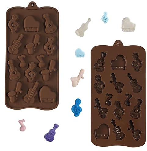 wuajia 2Pcs Musical Instrument Music Note Bass Guitar Piano Saxophone Shape Ice Cube Tray Silicone Fondant Molds Chocolate Candy Mold DIY Cupcake Topper Biscuit Gum Paste Clay for Cake Decor Moulds