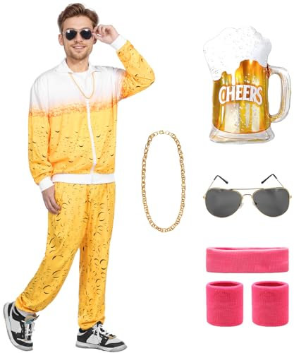 Blisscok Bier Kostüm,80er Jahre Outfit Herren Damen,Bier Anzug New Kids Bad Taste Outfit mit Jacke Hose Goldkette Headband Wristbands Brille Aufblasbares Bierkrug for Oktoberfest Karneval (Gelb, S)