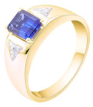 9 Karat Gelbgold Verlobungsring Blau Im Labor Hergestellter Saphir Rechteckig, Damenring Geometrisch Moissanit Ring Damen Größe 63 (20.1)