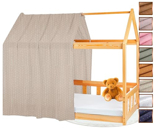 Lovely Hippo Hausbett Himmel - 100% Baumwolle - Betthimmel Hausbett aus Musselin - Bett Vorhang Kinderbett - Himmelbett Vorhänge 90x200cm (Beige mit Blättern, 120 x 370 cm (1er Set))