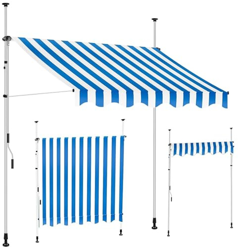 Klemmmarkise Aufrollbar Balkonmarkise, 215~310cm Höhenverstellbar, ohne Bohren, 200~400cm Breit, Regenschutz & Sichtschutz, für Garten Terrasse(Blue White,250cm)