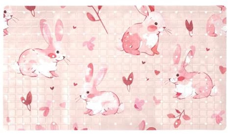 Pink Cute Rabbit rutschfeste Premium-Badewannenmatte, schnell trocknend und leicht zu reinigen, extra lang mit PVC-Saugnäpfen und Abflusslöchern
