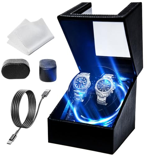 Double Automatic Watch Winder with LED Light, Watch Winders for 2 Watches with Quiet Motor, Soft Flexible Watch Pillow,5 Rotation Modes USB Cable(LED-PU Leather)