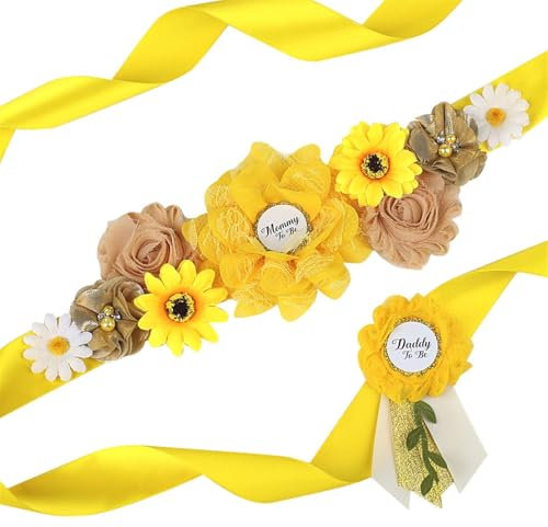 GIBZ Schwangerschafts Schärpen Set, Babyparty Blumengürtel für Schwangerschaftskleid, Ansteckblume für Werdende Mama und Papa Andenken, Gelb