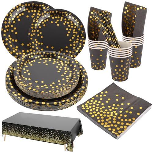 DAJAVE 251 Pcs Party Paper Plates 7inch and 9inch Black and Gold Paper Plates, Party Tableware Set Include Papers Plate Napkins Cups Straws Tablecloth for Parties and Picnics - 50 Guests