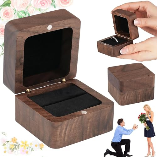 Begpoee Hochzeitsring-Box aus Holz, Vintage Massive Walnuss Ring Box, Personalisierte Holz Ring Box, Für Heiratsantrag, Verlobung, Hochzeit und Tägliche Lagerung(5,5 x 5,5 x 3,5 cm, Braun)