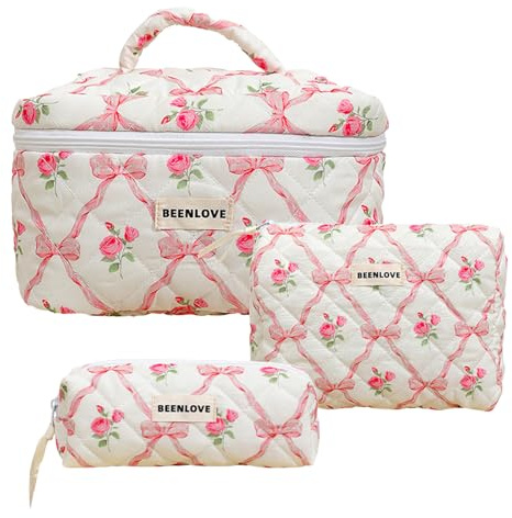 Lilbitty 3 Stück Rosa Kosmetiktasche Set，Große Reise Make-up Tasche mit Blumendesign，Gepolsterte Baumwoll Kulturbeutel für Damen und Mädchen，Aesthetisches Coquette Design für Pflegeprodukte und Reise