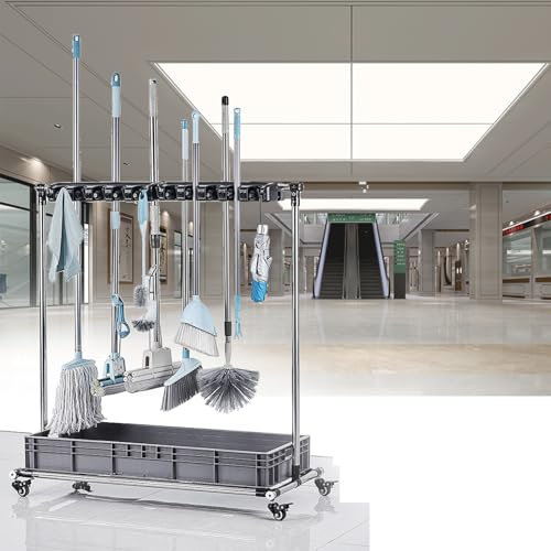 Mop Holder,Floor-Standing Broom Holder Organizer, Movable Commercial Mop Rack Cleaning Tool Cart Storage, Cleaning Supplies Storage for Garage Garden Cabinet Home,12slots