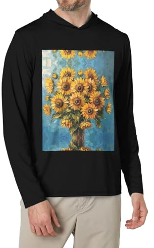 Peinture à l'huile tournesol Imprimer Chemises pour hommes à manches longues Hoodies Mode Tee-shirts, coupe décontractée sans boutons T-Shirts, Noir , L