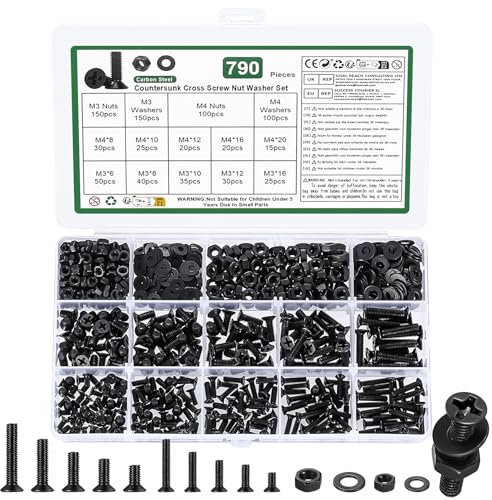 790 Stk M3 M4 Schrauben Set, Senkkopfschrauben Muttern Set, Flachkopfschrauben und Muttern Set, Kreuzschlitz Maschinenschrauben Sortiment Kit mit Unterlegscheiben Set(Schwarz, M3 M4)