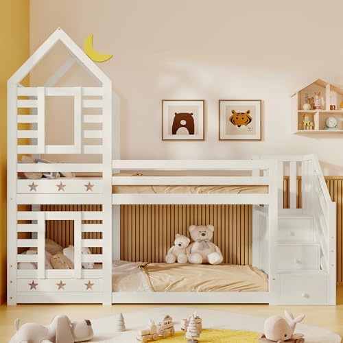 RIAZOS Bunk Bed with Storage, Children Cabin Bed Single Bed with Window for Kids, Twin Sleeper, 190x90cm, Bunk Bed for Kids Boys Girls, Solid Pine Wood, 3FT - White