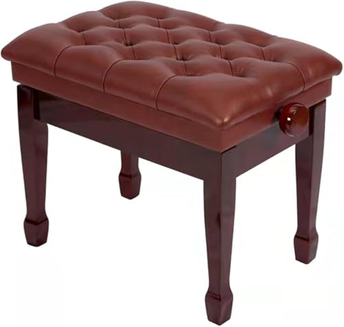 Klavierbank aus Massivholz, höhenverstellbar 48–58 cm, Klavierbank aus PU-Leder, Einzelhocker mit dicker Polsterung (Farbe: Braunrot)