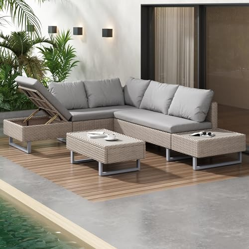 Gegtuon Gartenmöbel Sitzgruppe aus Rattan für Garten für 4-5 Personen, Outdoor Gartenmöbel-Set BalkonMöbel Essgruppe mit Tisch, Stühle und Kissen, Lounge Sofa Möbel mit Ecksofa & Couchtisch (Khaki)