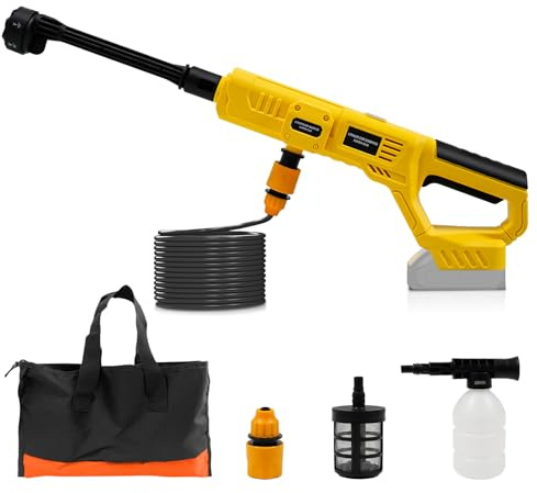 Roadtime Limpiador de Alta presión inalámbrico para DeWalt batería,Pistola de Limpieza portátil con línea de Agua de 5 m,Hidrolimpiadora Bateria con Boquilla 6 en 1 para Coches, Patios(sin batería)