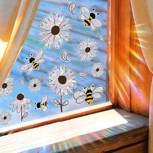LIANCHEN Anti-Kollisions-Fensteraufkleber Gänseblümchen Sonnenfänger Sticker Blumen Vogelschutz für Glasscheiben Aufkleber Prisma Fensteraufkleber für Fensteraufprallschutz, Zuhause, Büro (Weiß)
