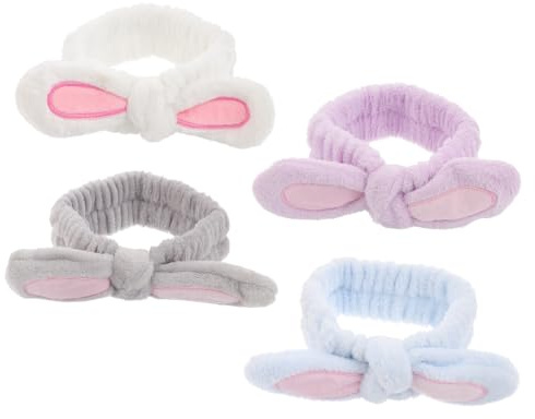 NIYANGLE 4pezzi Fascia per Capelli Orecchie da Coniglio Fascia in Elastica Asciugamano Delicato e Resistente per Spa Trucco e Yoga Leggera e Portatile