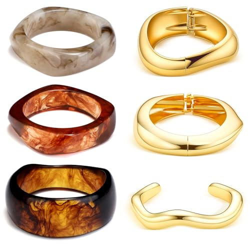 Tondiamo 6 Pcs Chunky Cuff Bangle for Women Vintage Gift Bracelets Gold Chunky Bangle Punk Geometric Jewelry for Teacher Mom(Multi Style,Multicolor)