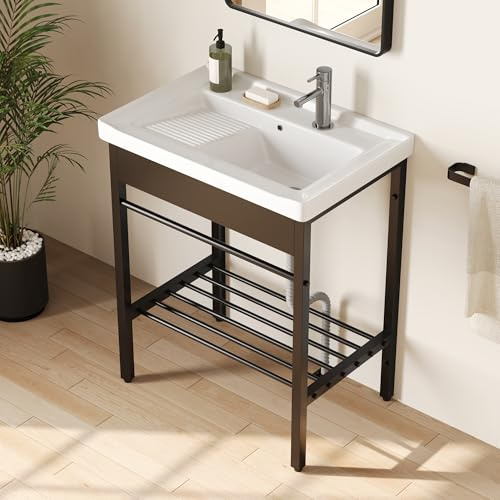 DeerValley 28x18.5 Console Bathroom Sink, Freestanding Utility Sink with Integrated Washboard and Stainless Steel Frame, Modern White Ceramic Laundry Tub with Open Shelf, Matte Black, DV-1CS0388B