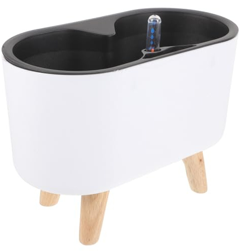 TOYZFRIENDY Selbstbewässernder Blumentopf Kunststoff Weiß mit Holzfüßen und Wasserstandsanzeige für Zimmerpflanzen Sukkulenten Pflanzkübel Terrassentopf