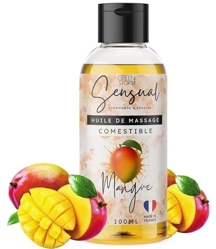 Huile de Massage Comestible Érotique Mangue - Huile Massage Sensuel pour Couple - Huile Corps Relaxante Naturelle - Fabriqué en France - 100ml- Green storm