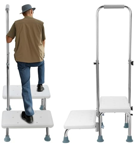 Escalera 2 Peldaños Escalera Escaleras Plegables Aluminio Pequeña y Compacta Plataforma Ampliada Antideslizante Manija Ajustable Carga 352lbs Sin Interior Exterior Cama Vehículo Bañera
