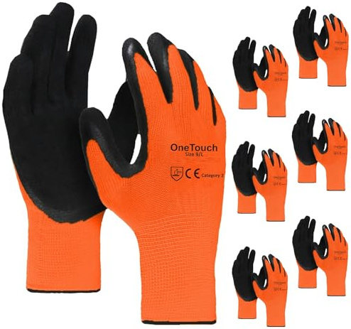 A406 12 Pairs Latex Foam Coated Work Gloves – High Visibility Grip Safety Gloves for Construction, Warehouse, Gardening & Builders – Breathable Grip Gloves for Wet & Dry Work (Large/9 (Orange))