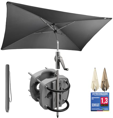 4smile Sonnenschirm Balkon mit Halterung im 3-er-Set, 200x125 cm, UV 50+, Sonnenschutz Balkon, Balkonschirm mit Sonnenschirmhalter, Sonnenschirm rechteckig für Balkongeländer, Anthrazit