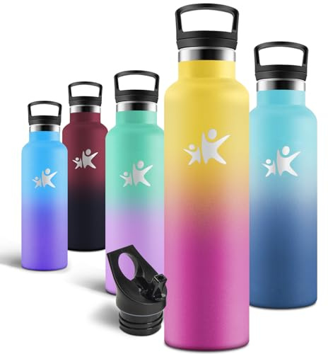 Motswedi Gourde, 1000 ml Sans BPA, Gourde Isotherme, Avec Paille&2 Couvercles, Bouteille d'eau, 18/8 Acier Inoxydable, Bouteille Isotherme pour Randonnée, Camping - Jaune clair & Rose rouge