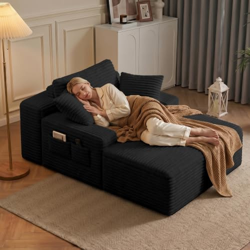 Xbro Sofá Cama 2 Plazas, Chaise Longue para Sala de Estar con Cojines y Bolsillos Laterales, Sin Montaje, Tela de Pana, 150x102x61 cm, Gris Oscuro