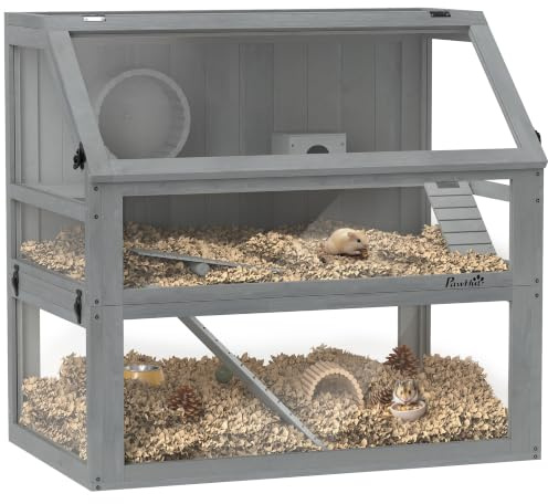 PawHut Cage Hamster en Bois à 3 Niveaux Rampes 80x50x76cm Gris Clair | Base Amovible pour un Nettoyage Facile, Couvercle Ouvrable, Cabane, Balançoire, Roue d'Exercice, Cage Rat Domestique