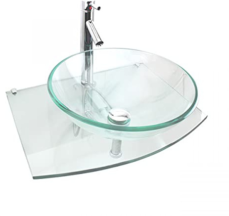 Renovators Supply Manufacturing Halo Waschbecken aus Glas, Wandmontage, 50 cm, gehärtetes Glas, rund, wandhängend, mit Chrom-Wasserhahn und Waschbeckenablauf, mittelgroß