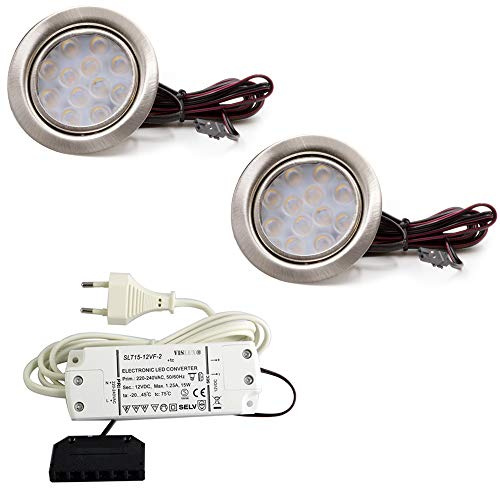 vislux 2er Set LED Möbelleuchte Einbaustrahler Edelstahl Gebürstet flach 3W warmweiß 3200K 200lm 12V + 15W LED Trafo 230V für das Wohnzimmer, Küche und Badd