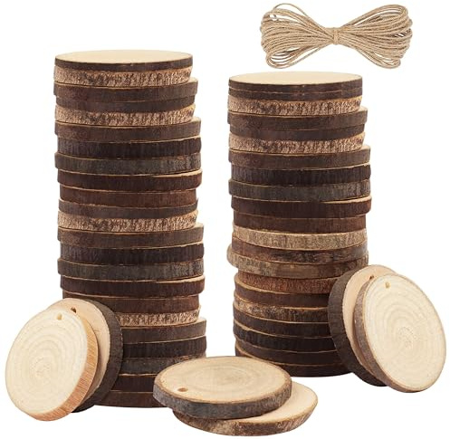 Kurtzy 50 Pack Unfinished Natural Wood Slices - 3-5cm Diameter & 5mm Thick - Predrilled Holes & 10m of Jute Twine - Small Rustic Wooden Log Discs with Bark & Smooth Finish - for Crafts & Decorations
