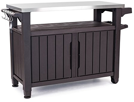 Keter Unity XL - Tavolo da esterno portatile con ganci per accessori da barbecue, piano in acciaio inox, per terrazzo, isola da cucina o carrello da bar, colore: marrone