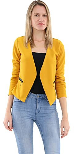 Malito – Dam blazer långärmad – enfärgad jerseyblazer – kort basjacka – sweatblazer med dragkedja – väska – skräddarsydd kavaj 6040 (storlek S-XXL), Mörkgul, XXL