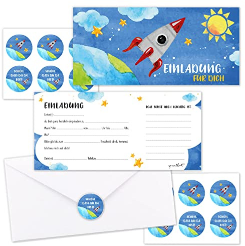 younikat 10 Stück Einladungskarten Set mit Umschlägen Weltall - dv424 | beschreibbare Rückseite, mit Aufklebern, zum Ausfüllen, mit Umschlägen