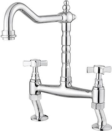 JASSFERRY Classic Bridge Mixer Tap Chrome Crosshead Handles Deck Mounted Monobloc Traditional 2 Hole Kitchen Sink Faucet with Swivel Spout