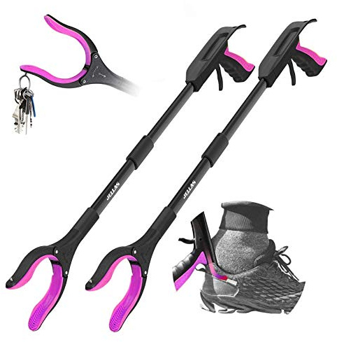 Jellas 2-Pack 32 Inch Grabber Reacher Tool with Shoehorn, 360° Rotating Head Grabber Tool for Elderly, Outdoor and Indoor Trash Picker Grabber (Purple)