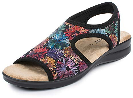 Aerosoft Damen Sandale Stretch 05 leicht druckfrei rundum Stretch Weite G-H (Blume schwarz, numeric_37)